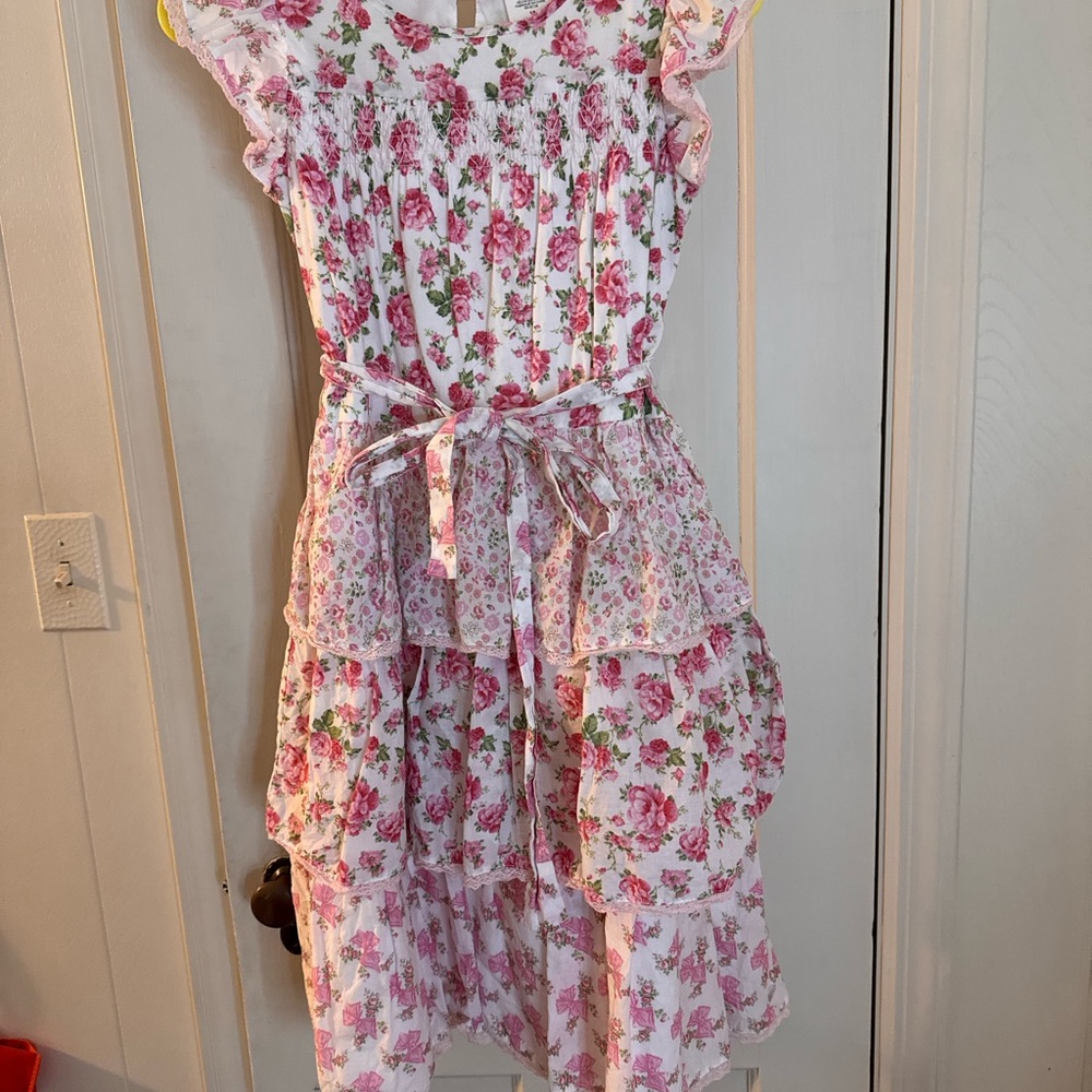 LoveShackFancy American Girl Pink Floral Ruffle Tiered Dress